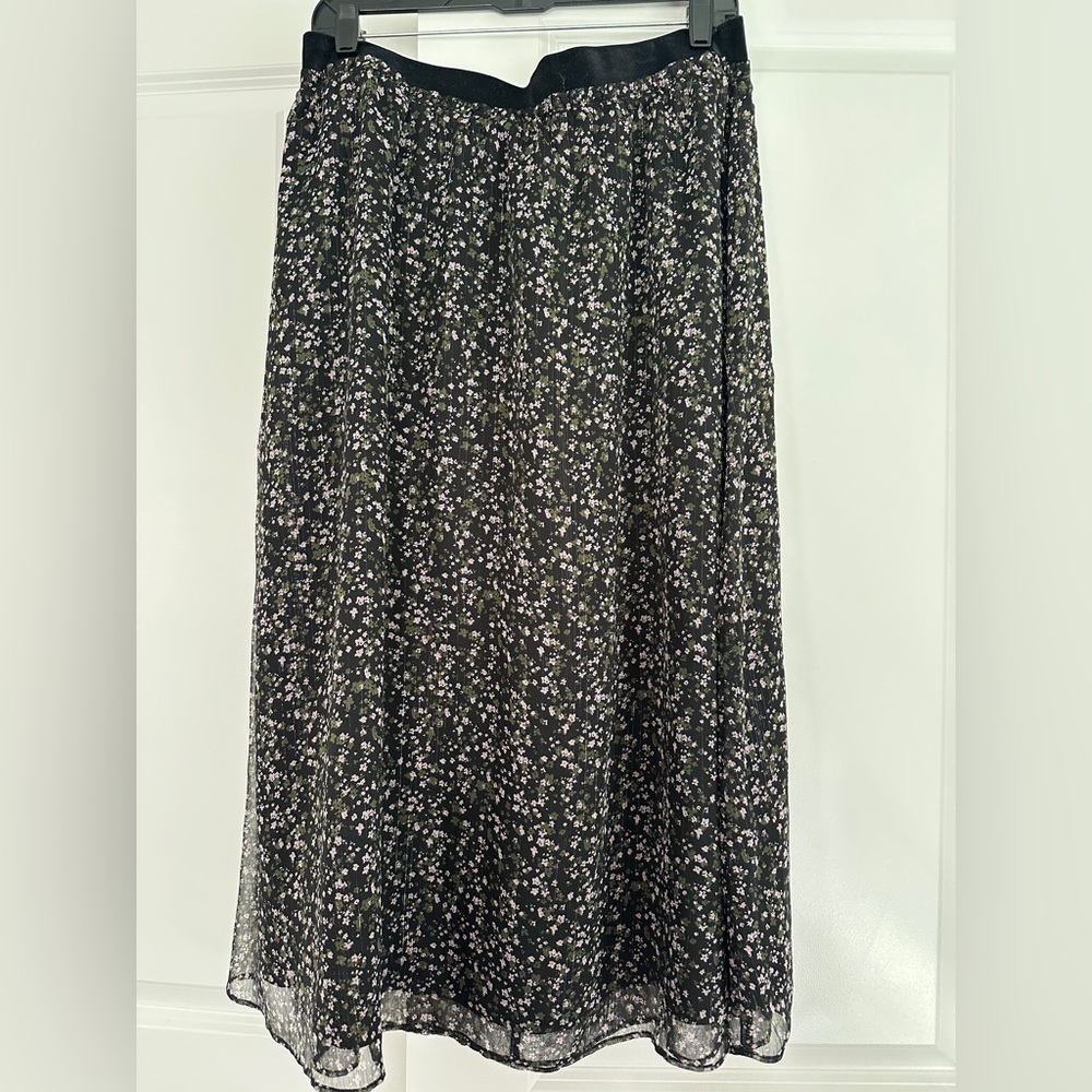 LOFT Black Floral Maxi Skirt with Pink & White Blossoms